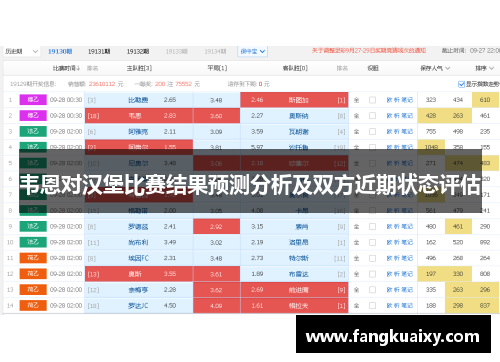 韦恩对汉堡比赛结果预测分析及双方近期状态评估